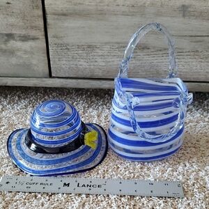 Blue and White Swirled Glass Hat and Purse Set